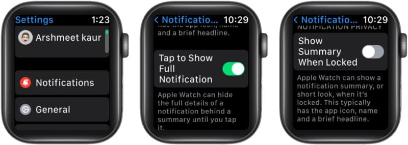 Manage notification privacy on Apple Watch Settings