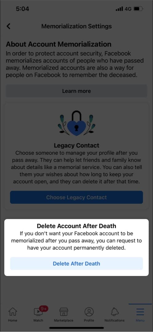 Request your Facebook account to be deleted on iPhone and iPad