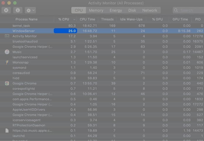 Steps to decide whether the WindowServer process is making your Mac