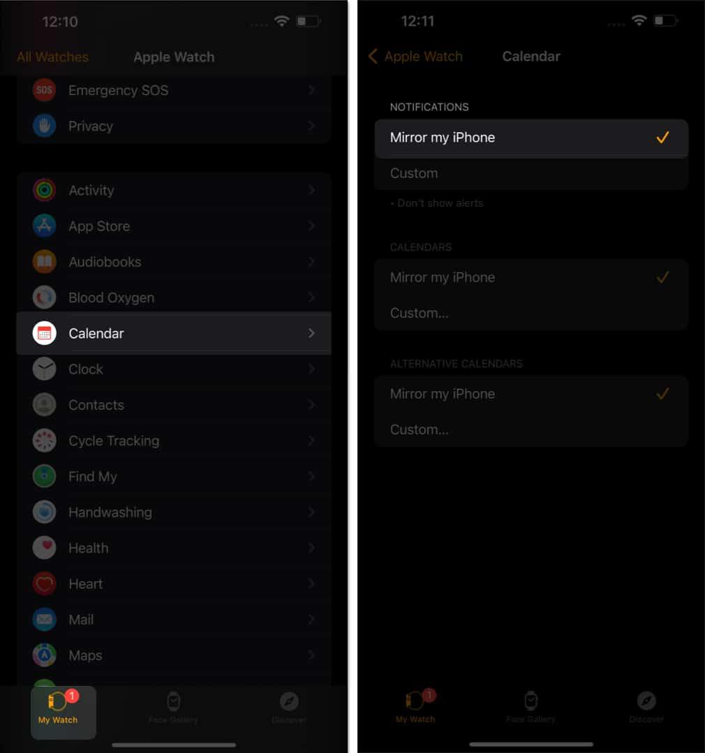 In Watch app, go to Calendar, tap Mirror my iPhone