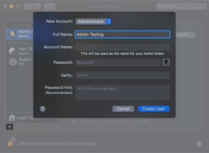 Create a new admin account on Mac