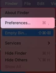 Select Preferences from Finder Menu on Mac