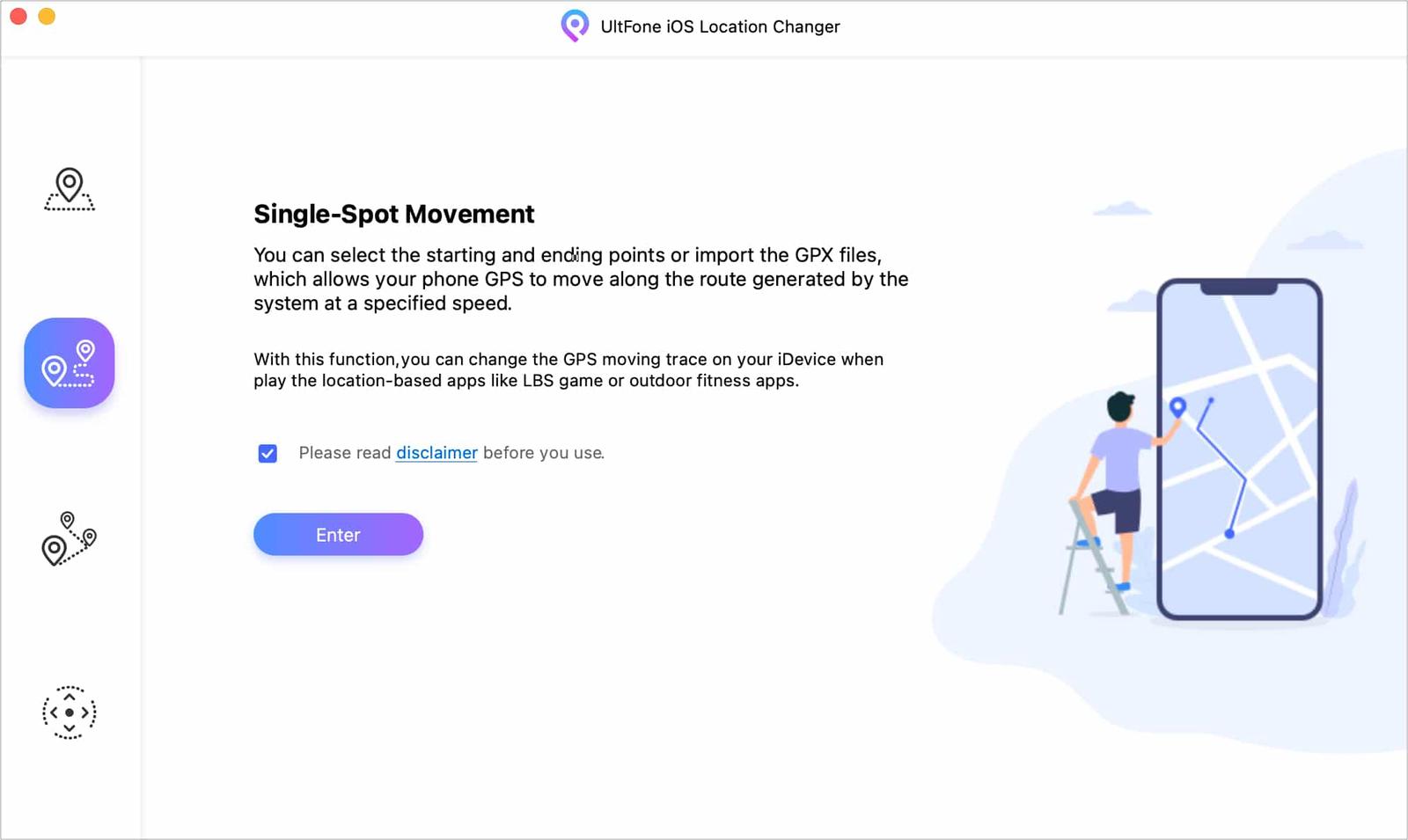 Single-spot movement in UltFone iOS Location Changer iOS app