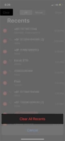 Clear Recent call log on iPhone