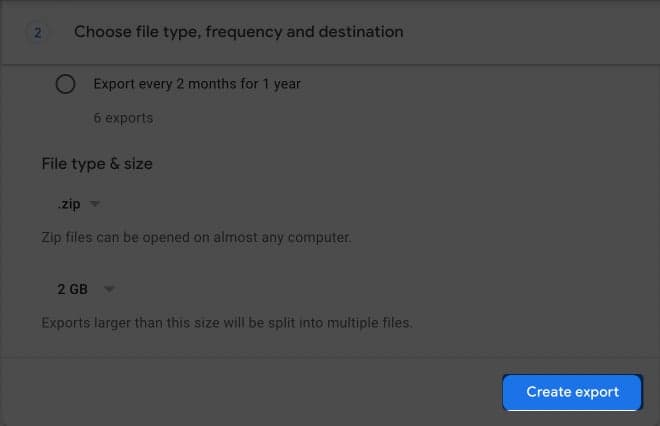 Click on Create export on Mac