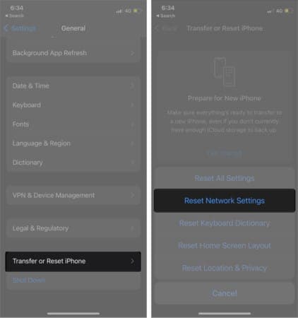 Reset iPhone Network Settings on iPhone