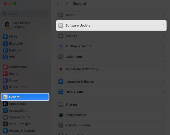 go to general, software update in mac settings 
