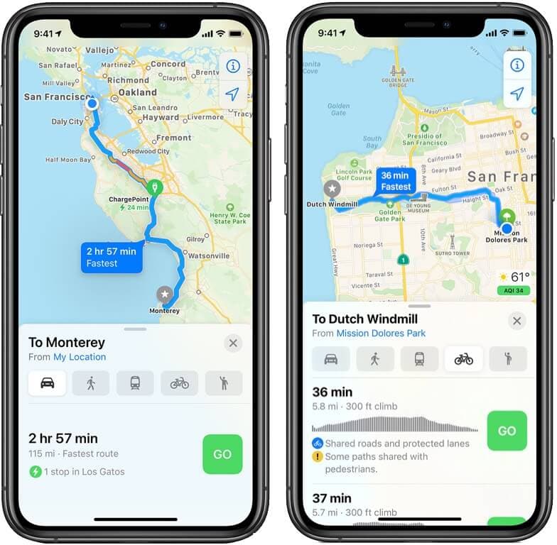 tap on bicycle icon and then tap on go to use cycling directions in apple maps