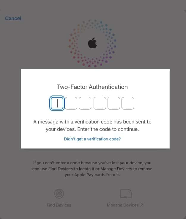 Enter six-digit code on Find My website