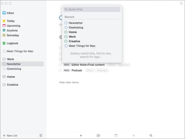 Things 3 support quick search through all projects