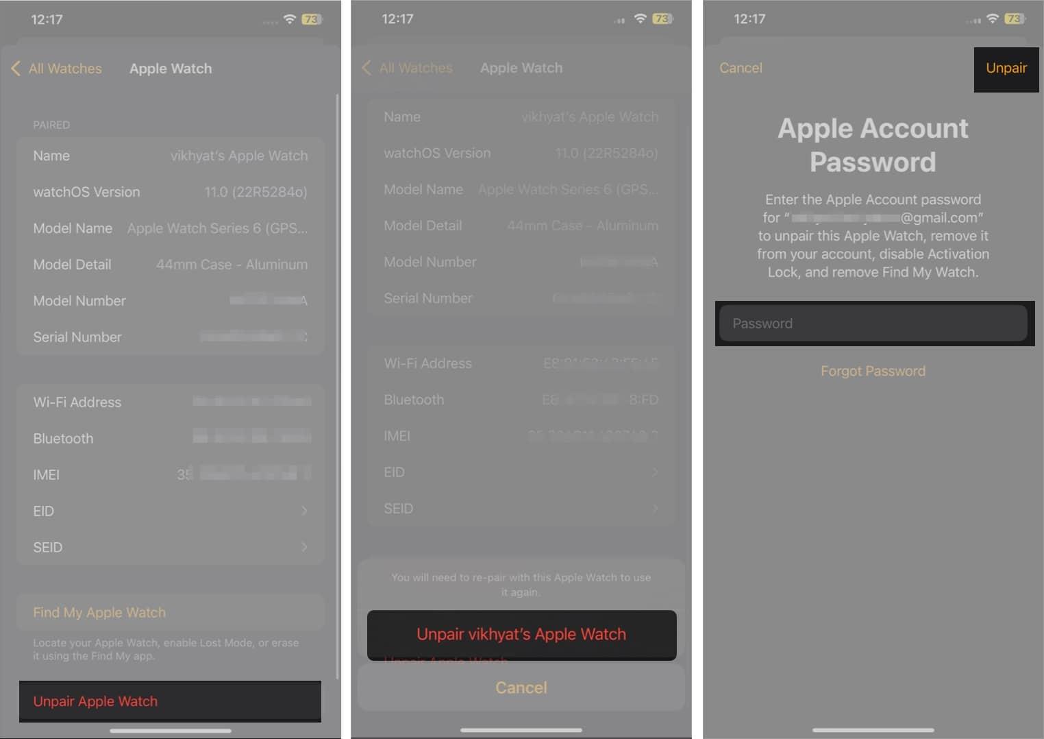 Unpairing an Apple Watch from an iPhone.