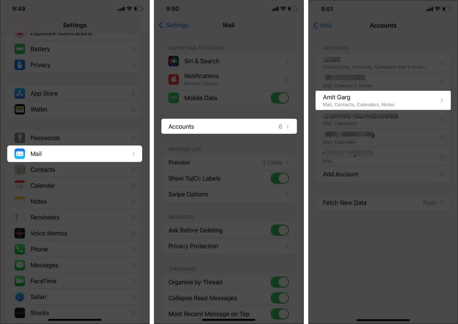 Select the account to remove on iPhone