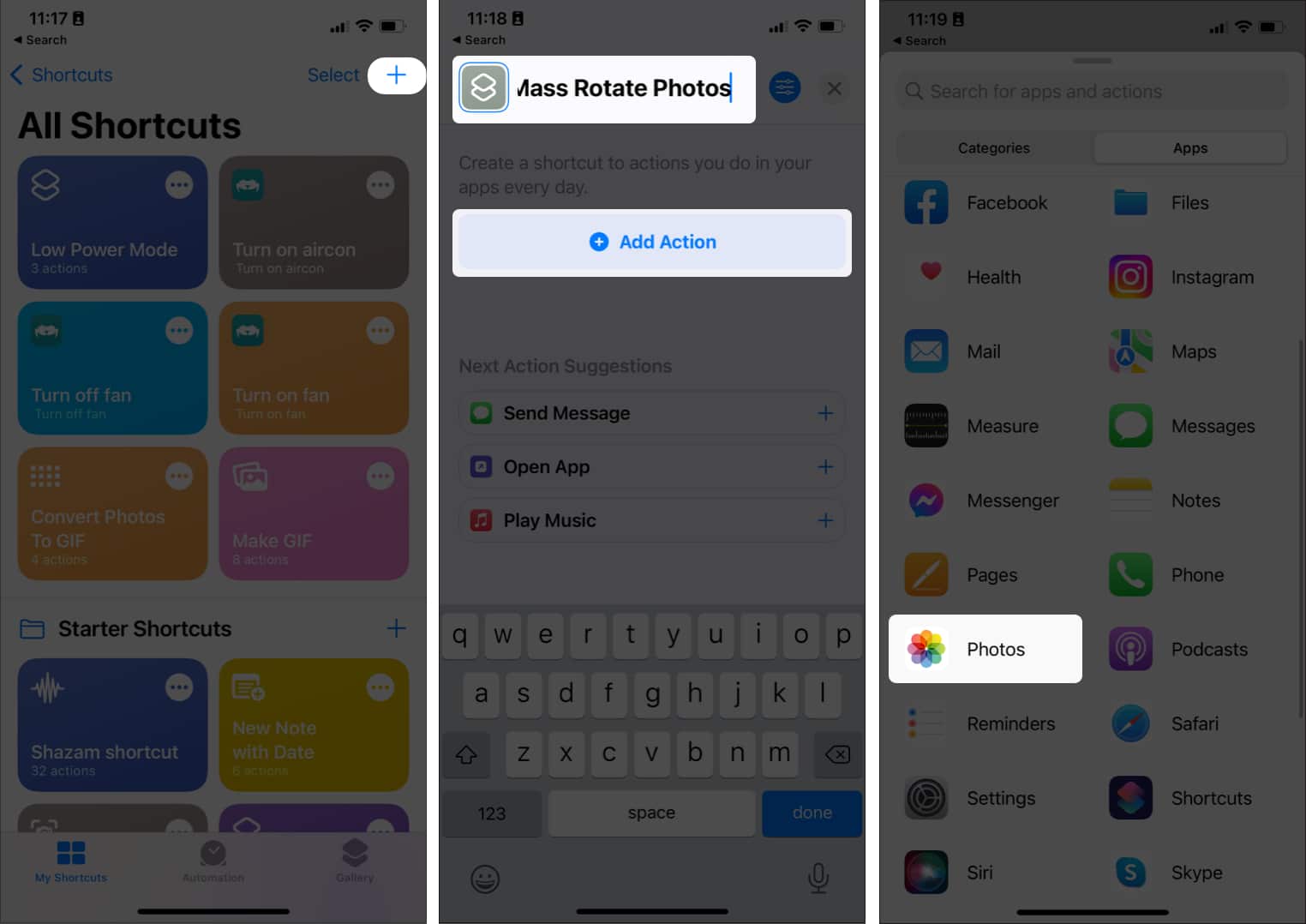 Tap Add Action in Shorcuts app on iPhone