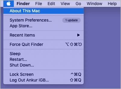 Click Apple logo from top left and choose About This Mac