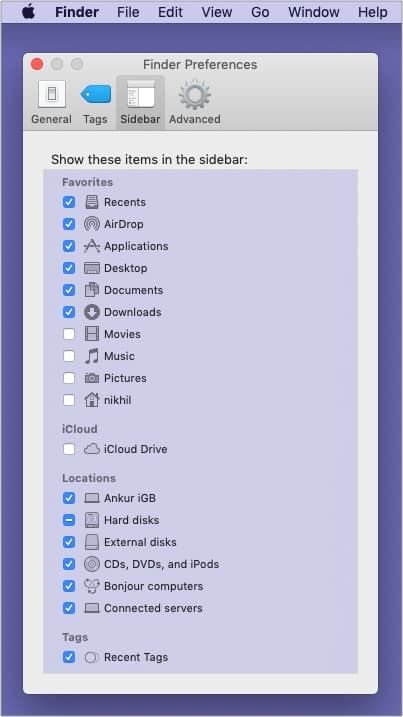 Click Sidebar and make sure Hard disks and external disks are enabled