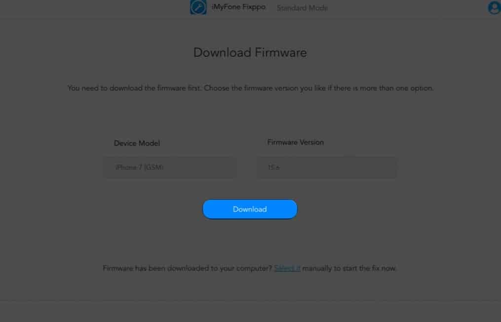 Select and Download Firmware for Recovery in the app