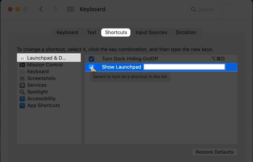 Choosing Launchpad & Dock in Shortcuts on Mac