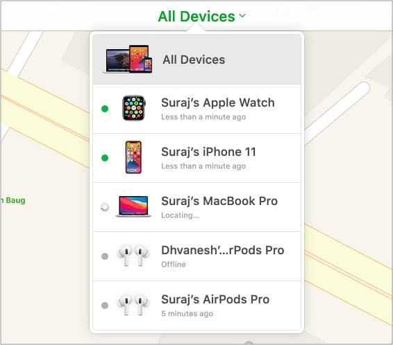 Find My website showing a list of Apple devices.