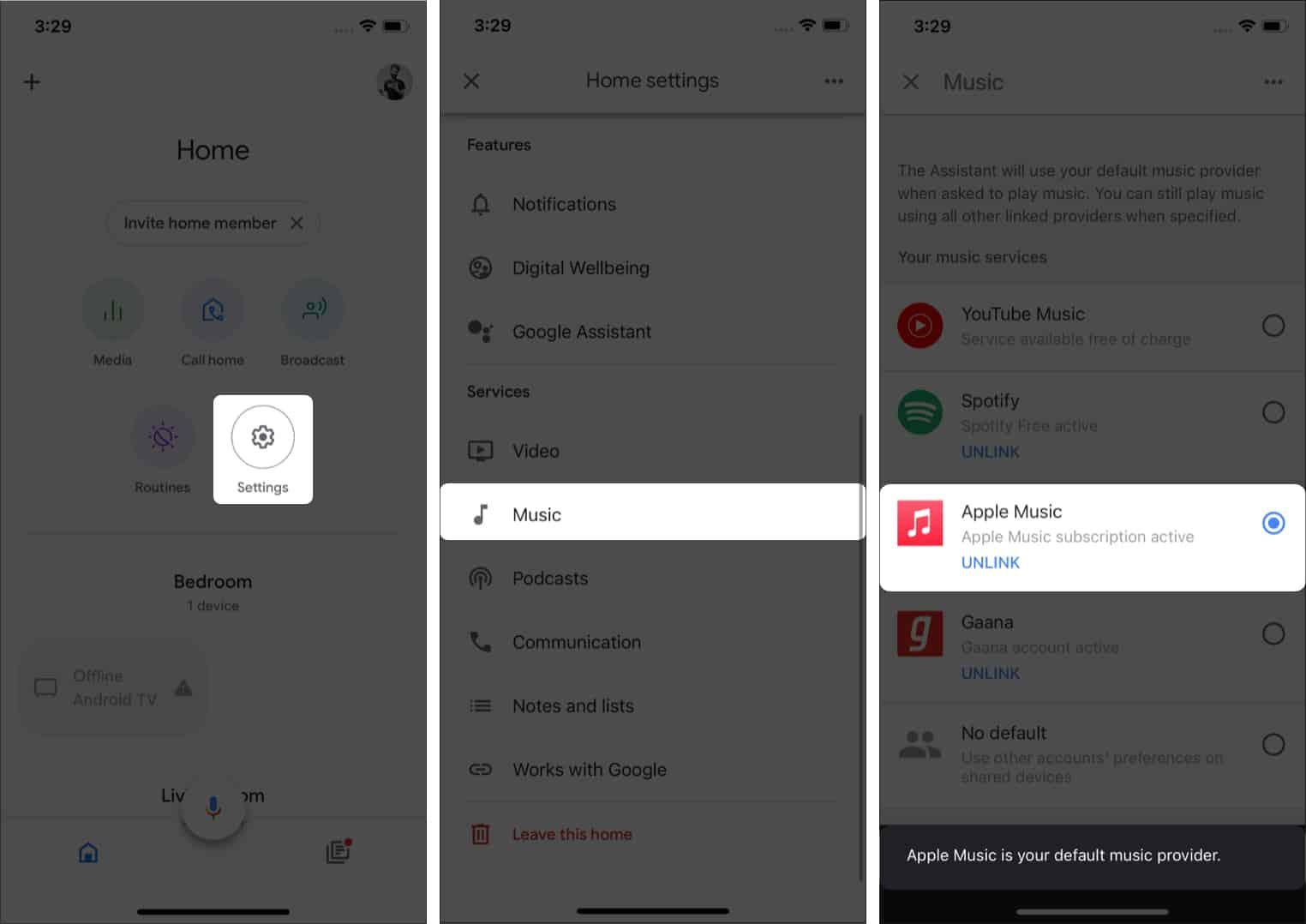 Set Apple Music as the default streaming service on Google Home