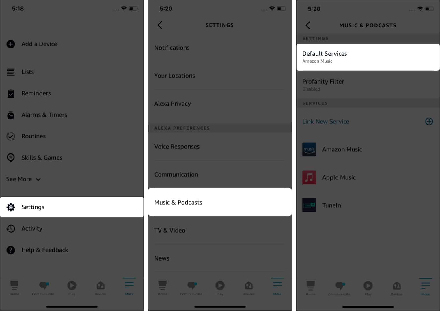 Tap Default Services in Alexa app on iPhone