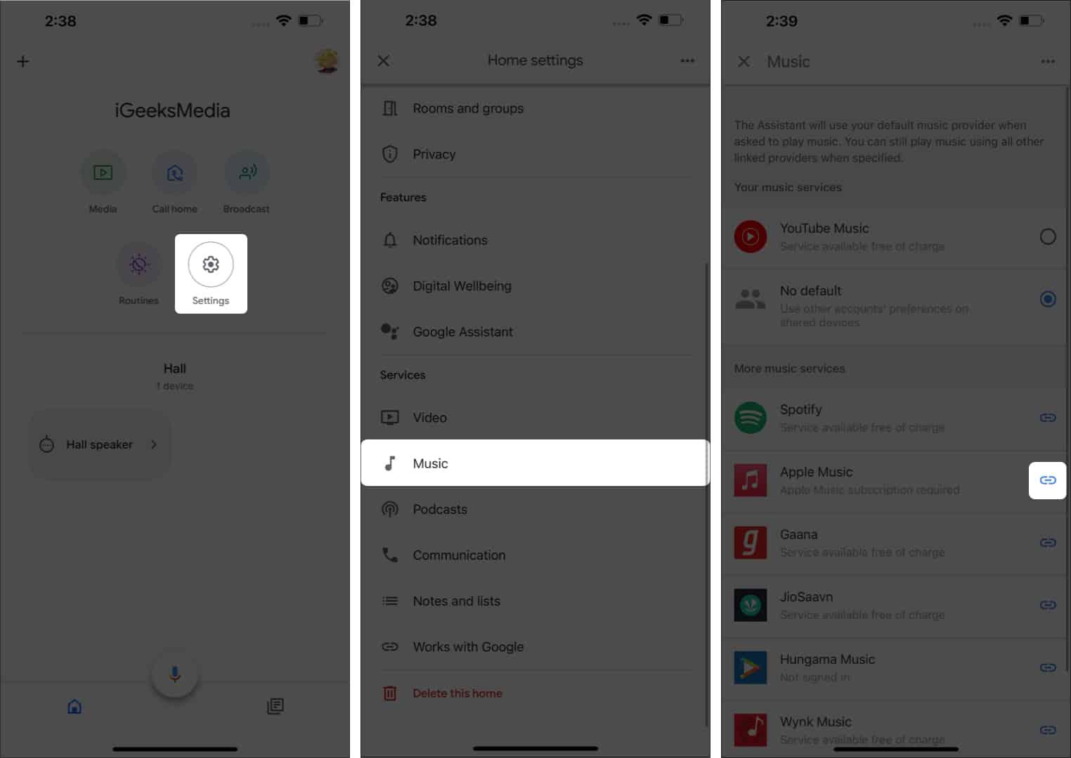 Tap the Link icon beside Apple Music from Google home app