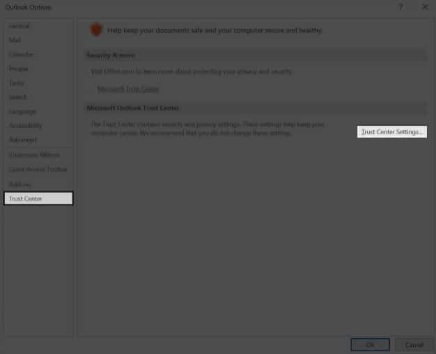 Trust Center Settings in Outlook Options on Windows PC