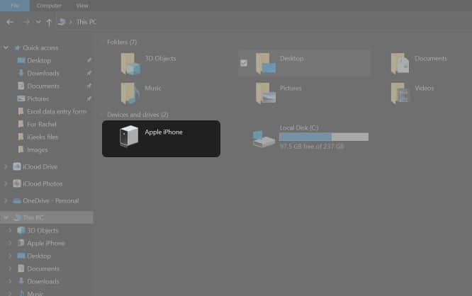 Viewing connected iPhone in Windows File Explorer
