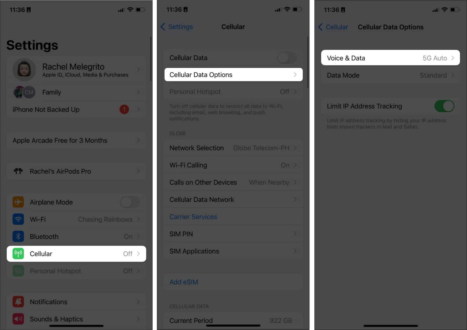 Making sure 5G is enabled on an iPhone