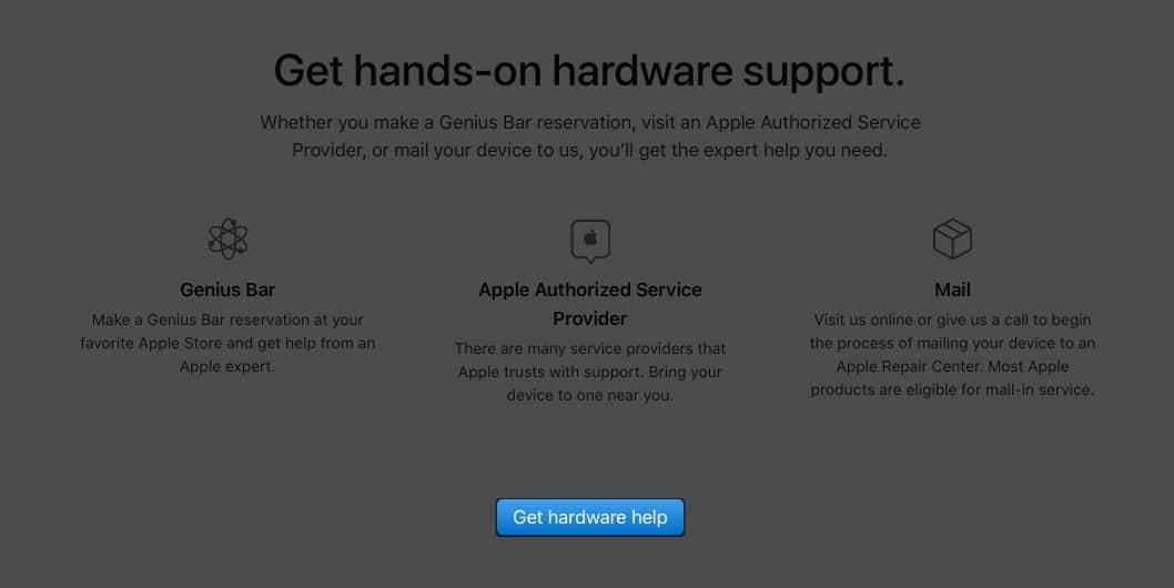 Opening Apple Genius Bar Website on a device and choosing hardware help
