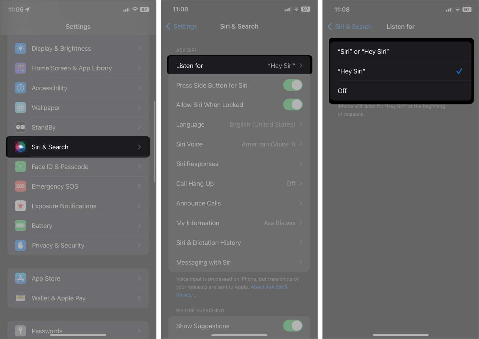 Go to siri and search tap listen for and select from options