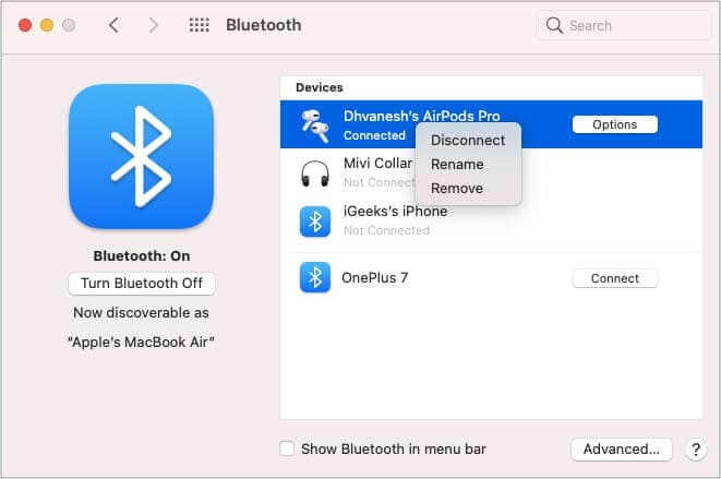Select AirPods in Bluetooth device section and tap remove on Mac