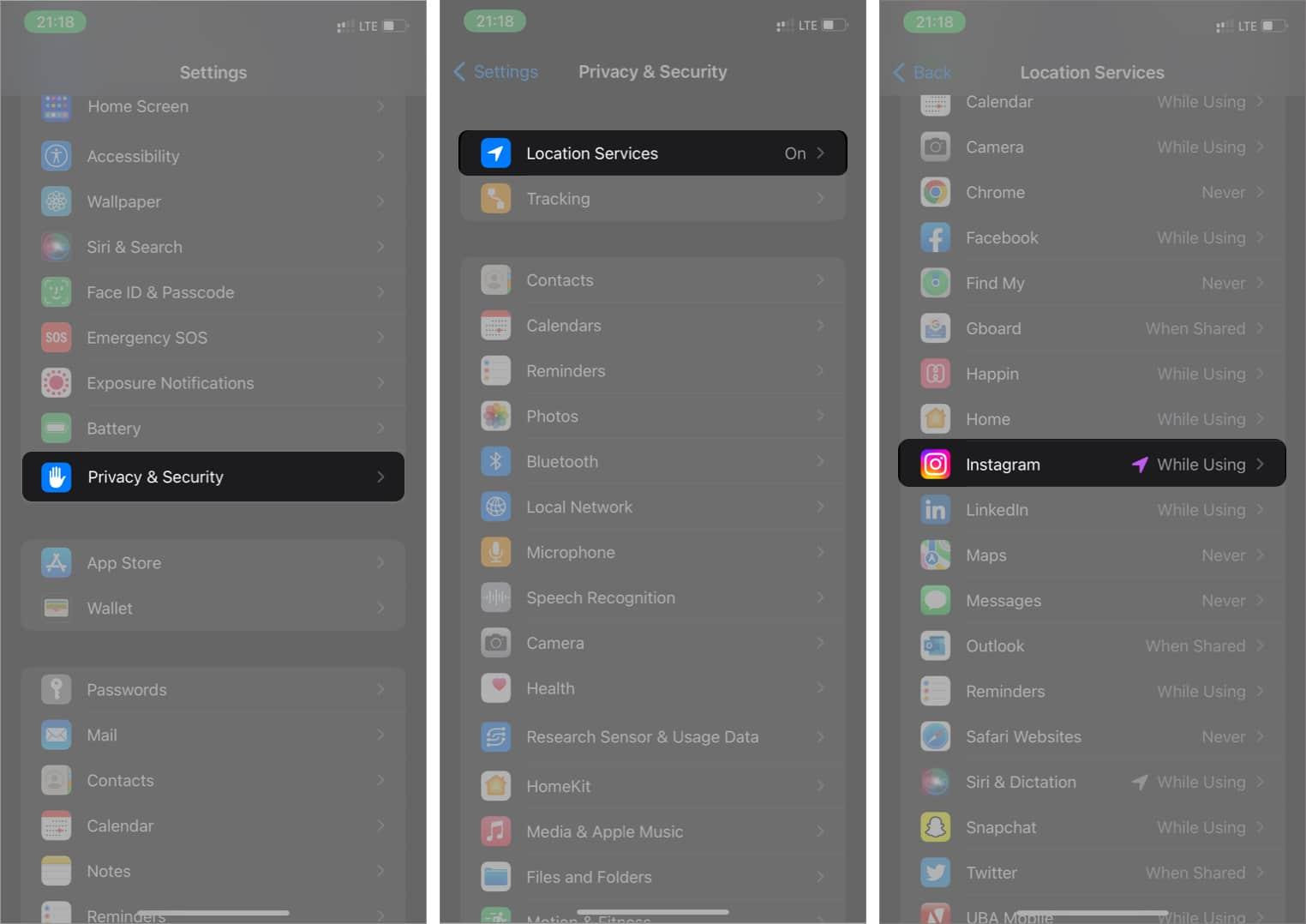 Tap Instagram from iPhone's Settings
