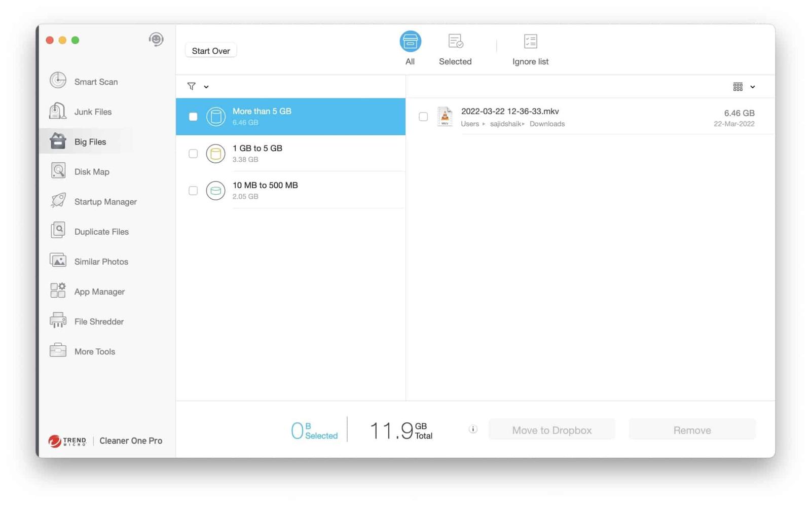 Scanning Big Files in Cleaner One Pro on Mac
