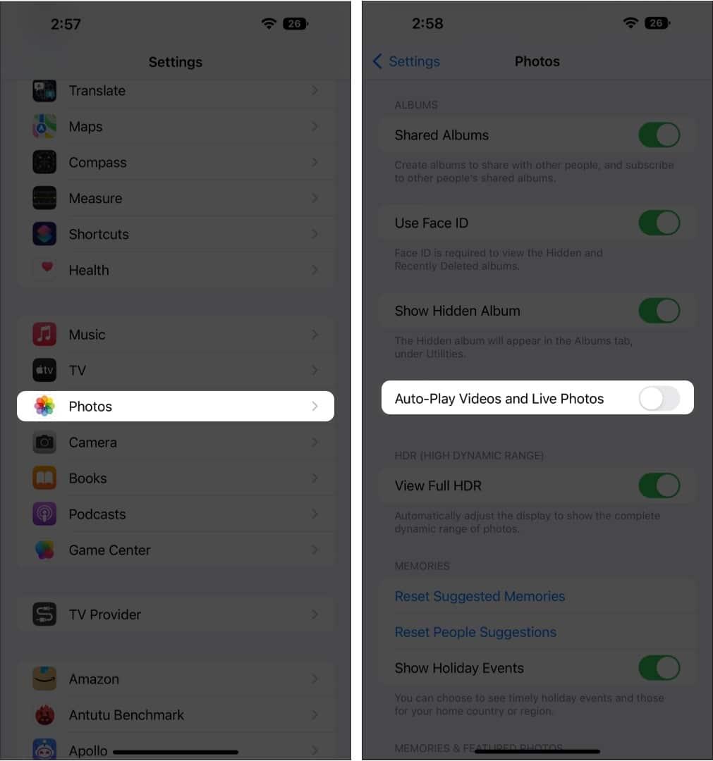 Steps to turn off Auto Play Video in Photos app on iPhone