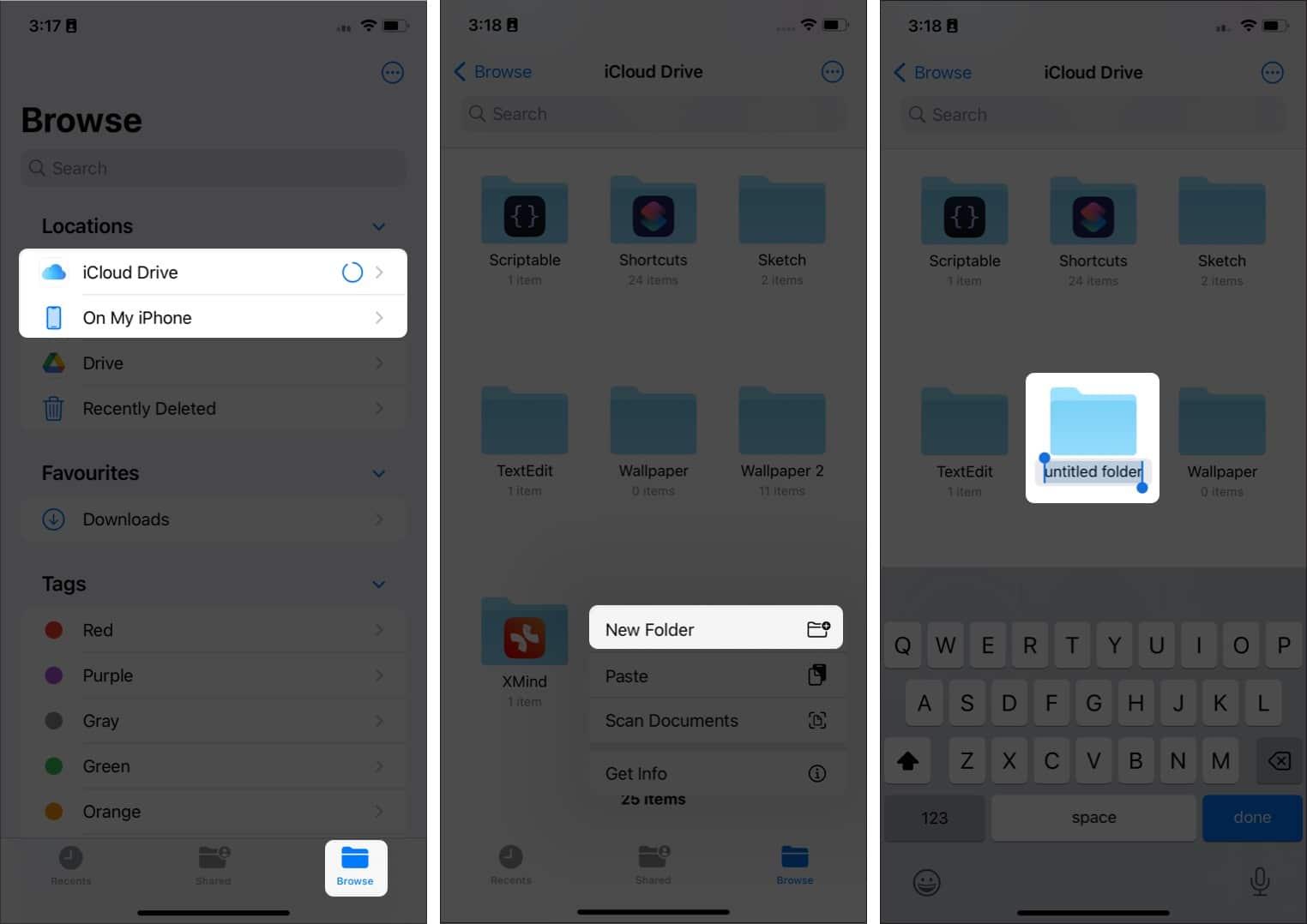 Steps to create a new folder in Files app on an iPhone