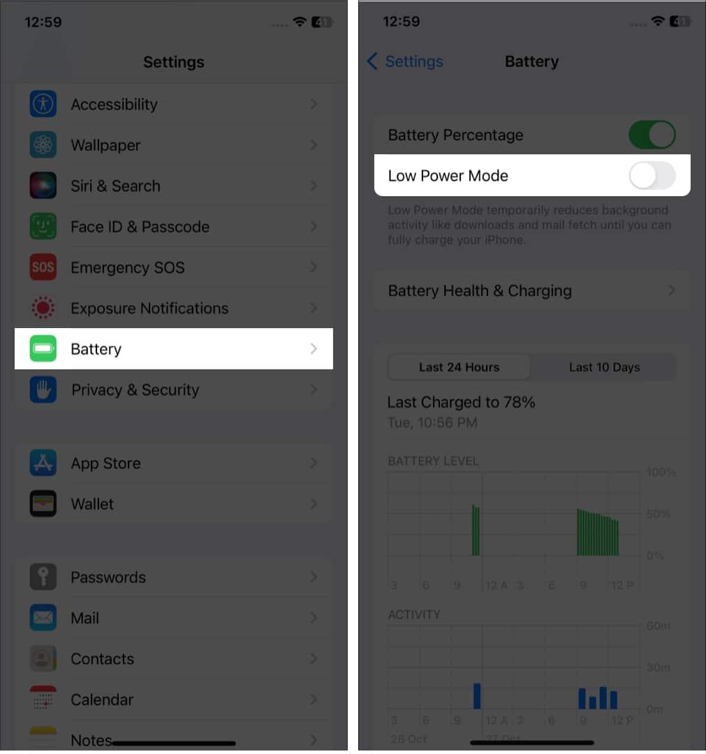 Turning off Low Power Mode on an iPhone.