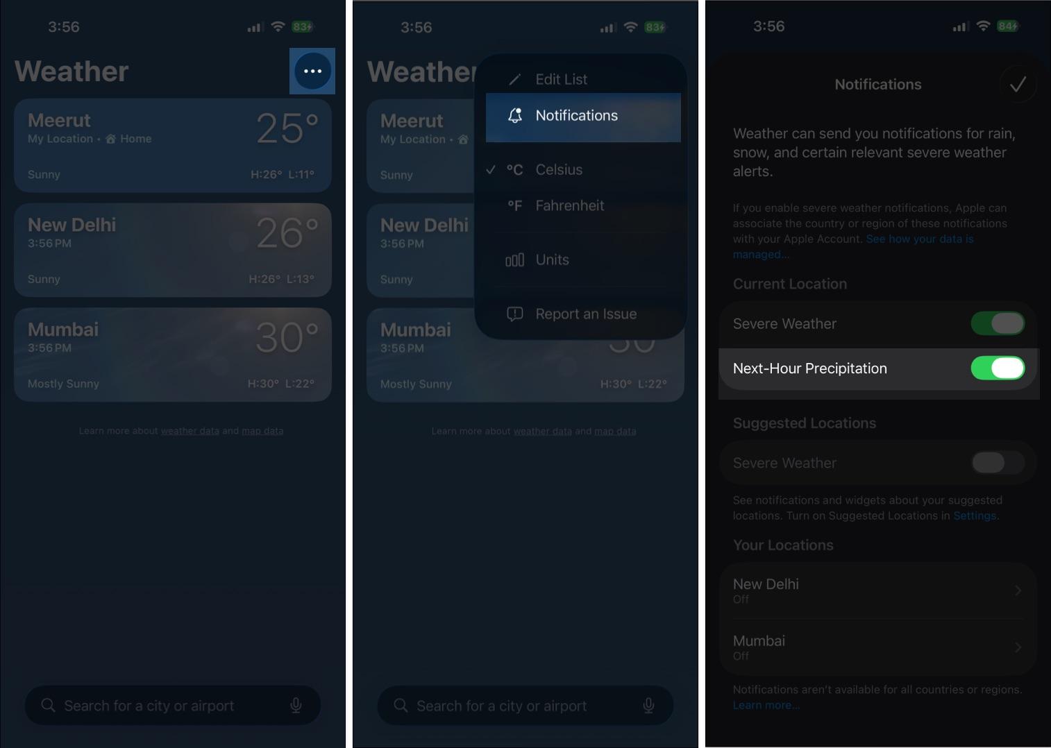 Enable Next-Hour Precipitation notifications for Current Location in Weather app