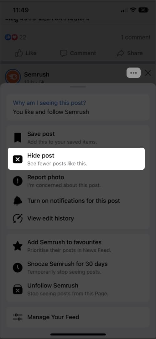 Hide post on facebook