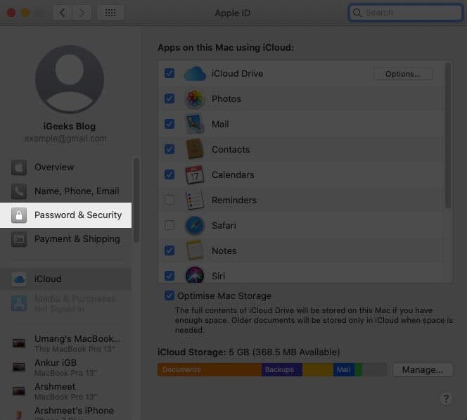 click on password and security in apple id on mac