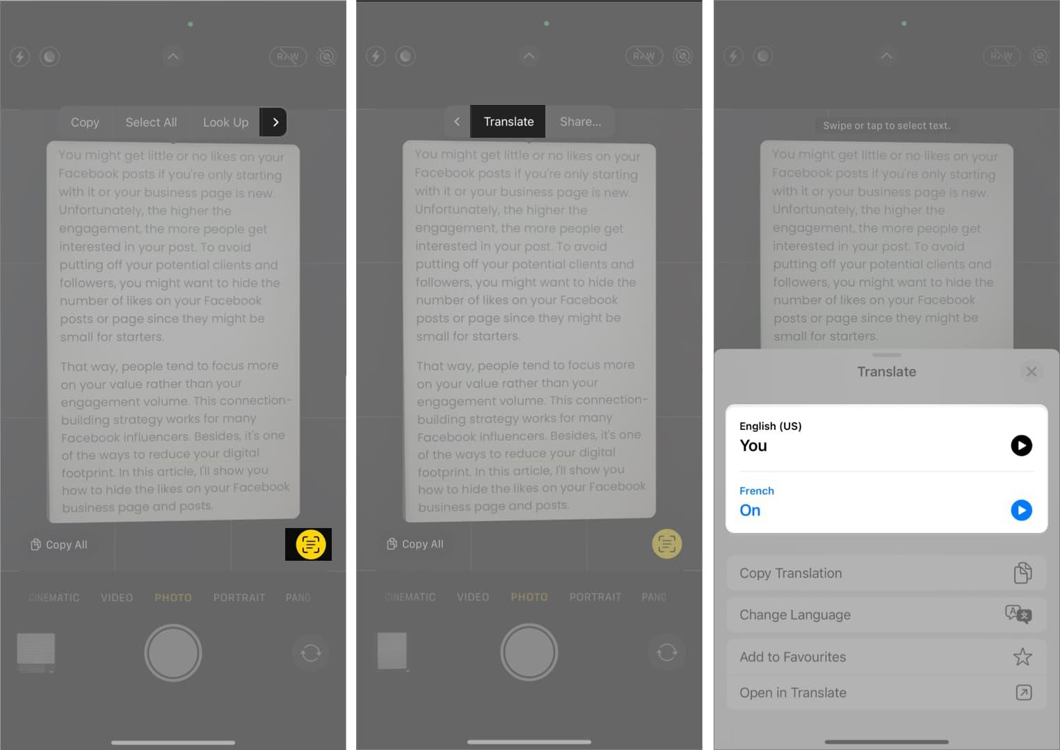 How to translate text in the Camera app on iPhone