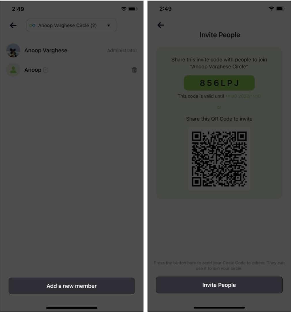 Invite people to your Circle in Geonection app on iPhone