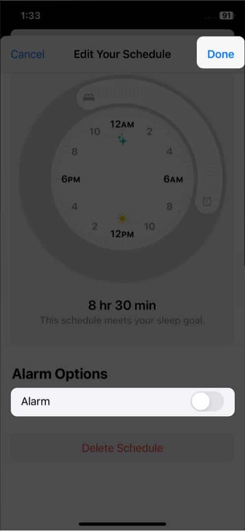 Permanently disable the alarm for sleep schedule