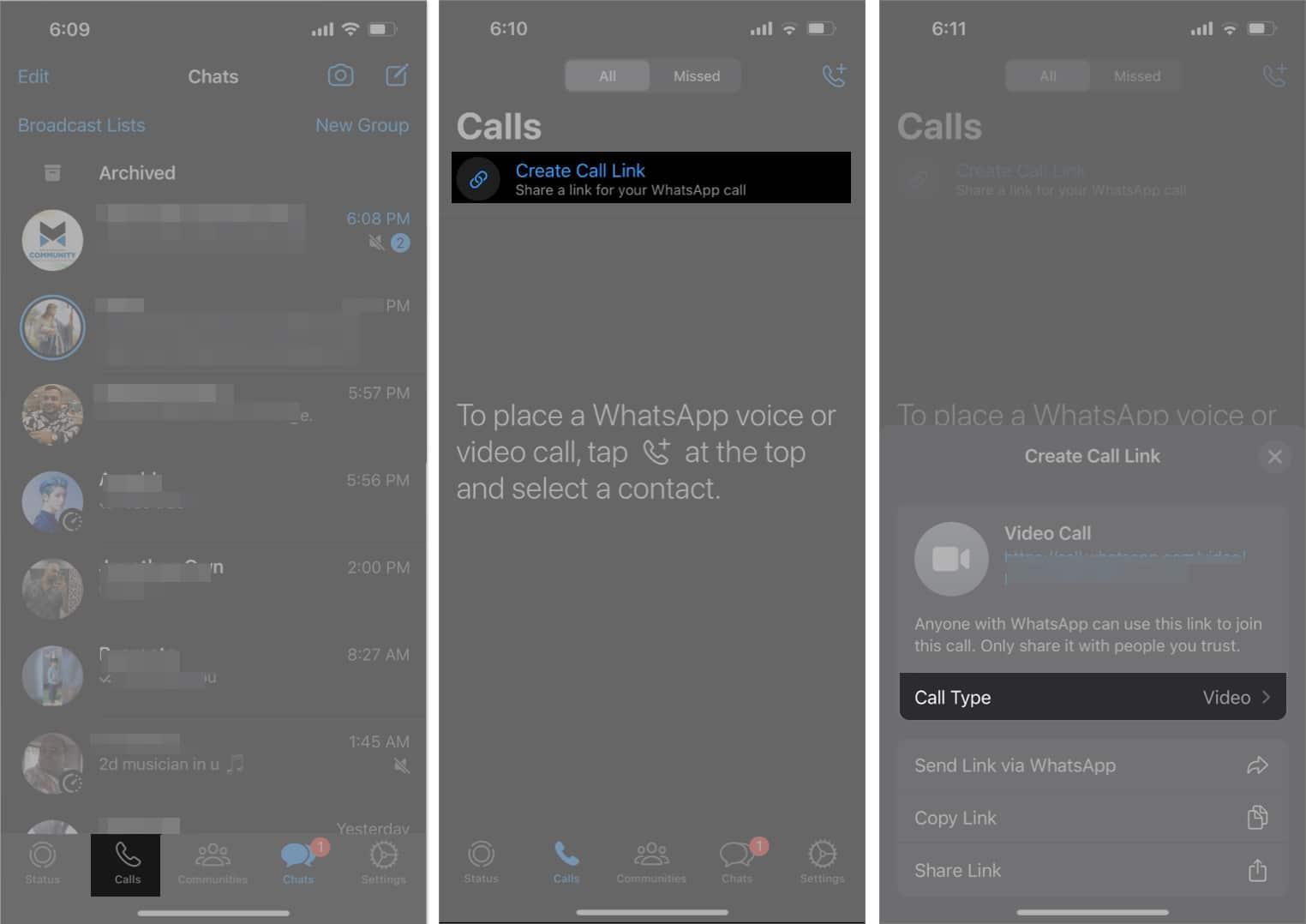 Tap Call Type in WhatsApp link option on iPhone