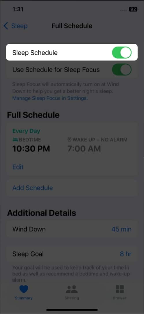 Turn off all sleep schedules and alarms on iPhone