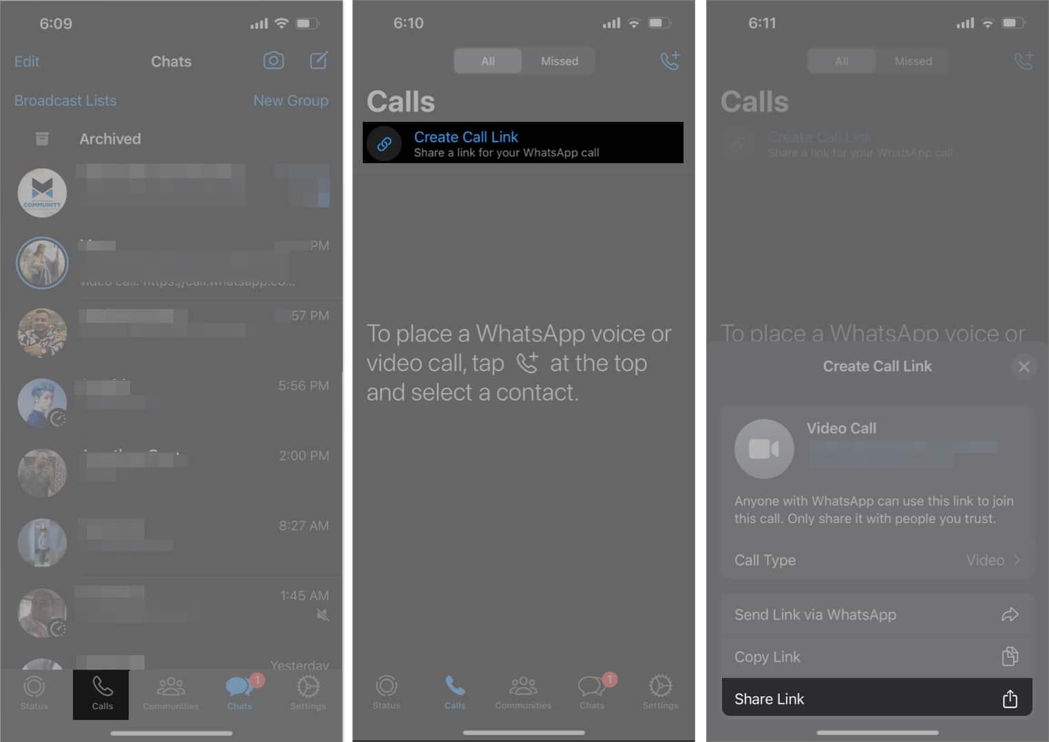 sharing a video call link on WhatsApp on iPhone