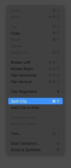 Choose Edit and Split Clip on Mac