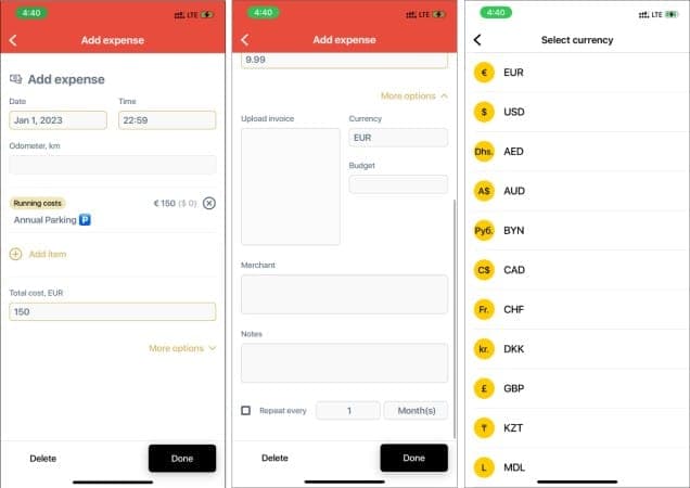 Expenses tracking in ARBA Auto app