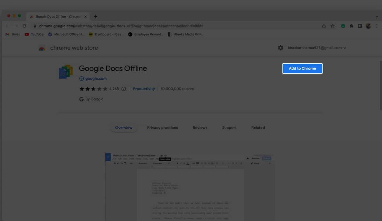 Install Google Docs Offline by clicking Add to Chrome