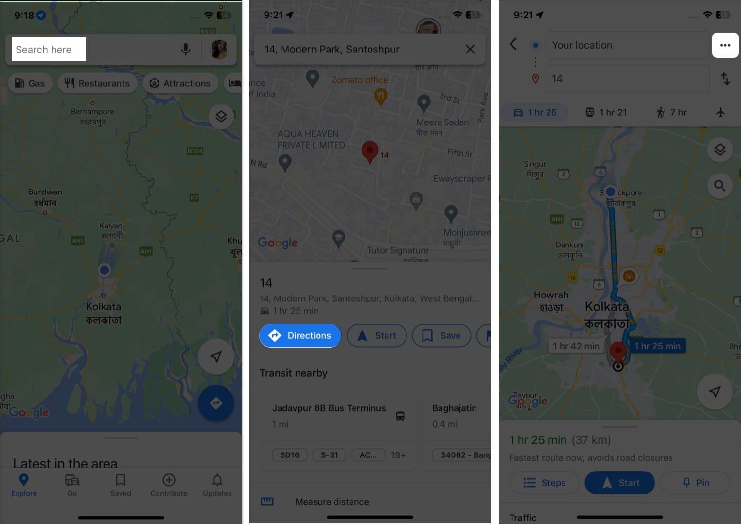 Select the three-dots button from the top right corner on Google Maps