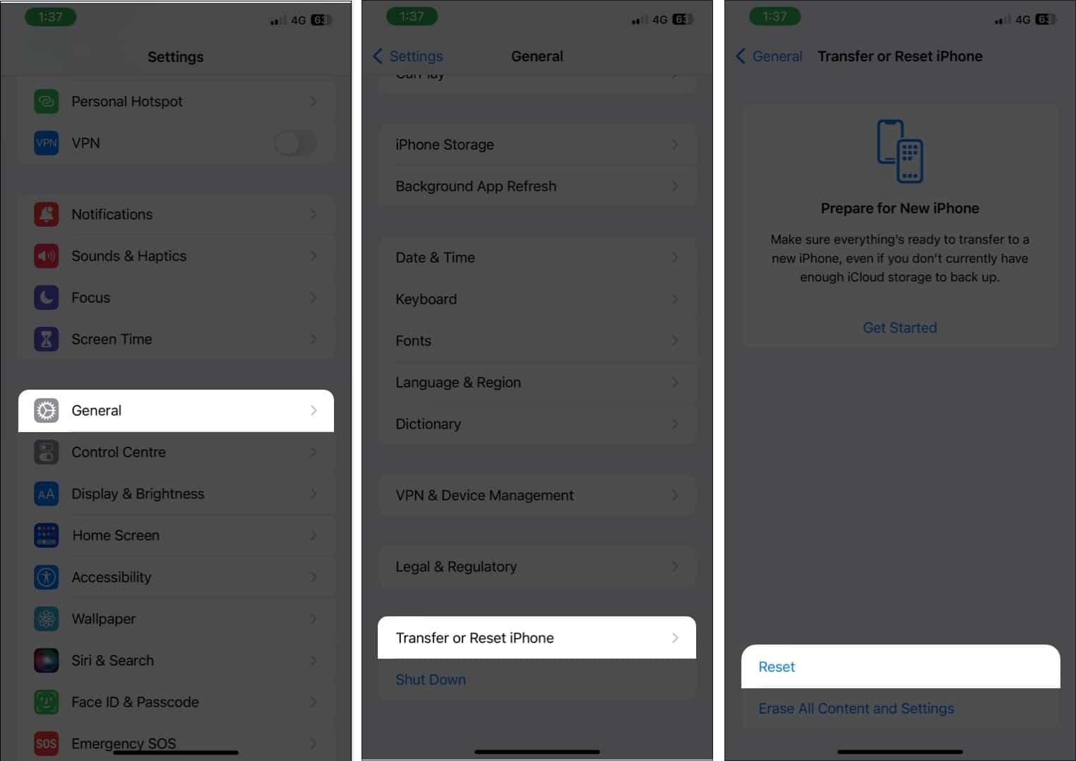 Tap Reset in Settings on iPhone